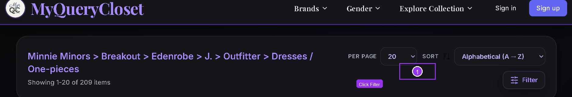 Products page showing Filter button location