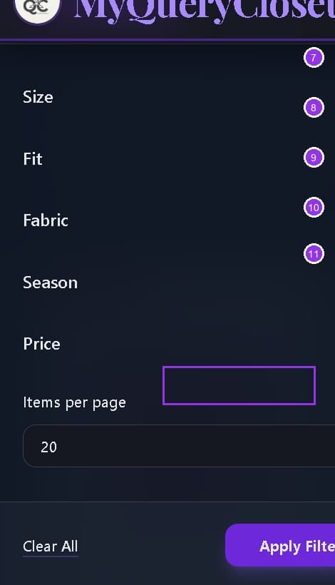 Filter drawer showing Size, Fit, Fabric, Season, Price filters and Apply button